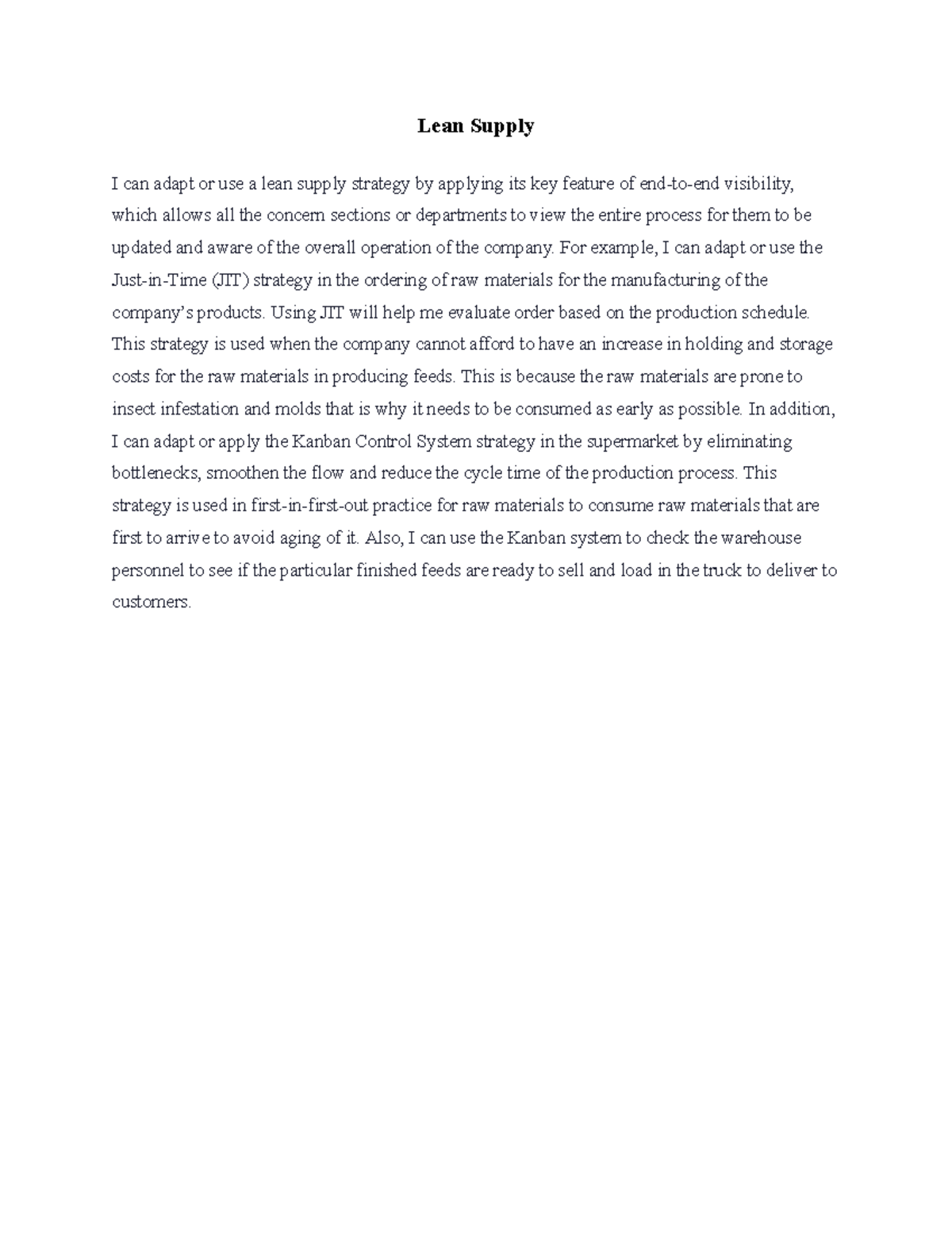 Lean Suppy CH8 Personal Reflective Journal - Lean Supply I can adapt or ...