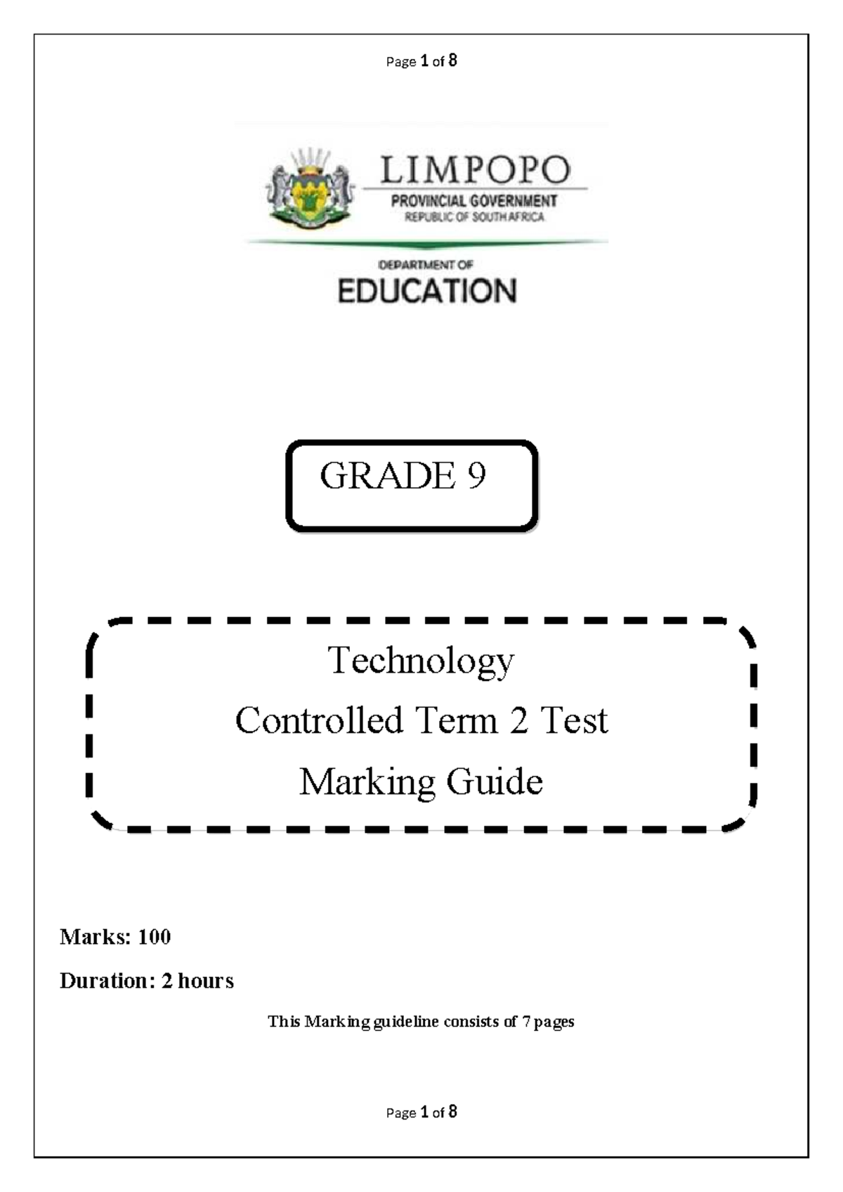 Tech Gr. 9 Term 2 Controlled Test Marking Guide 2025 - Studocu