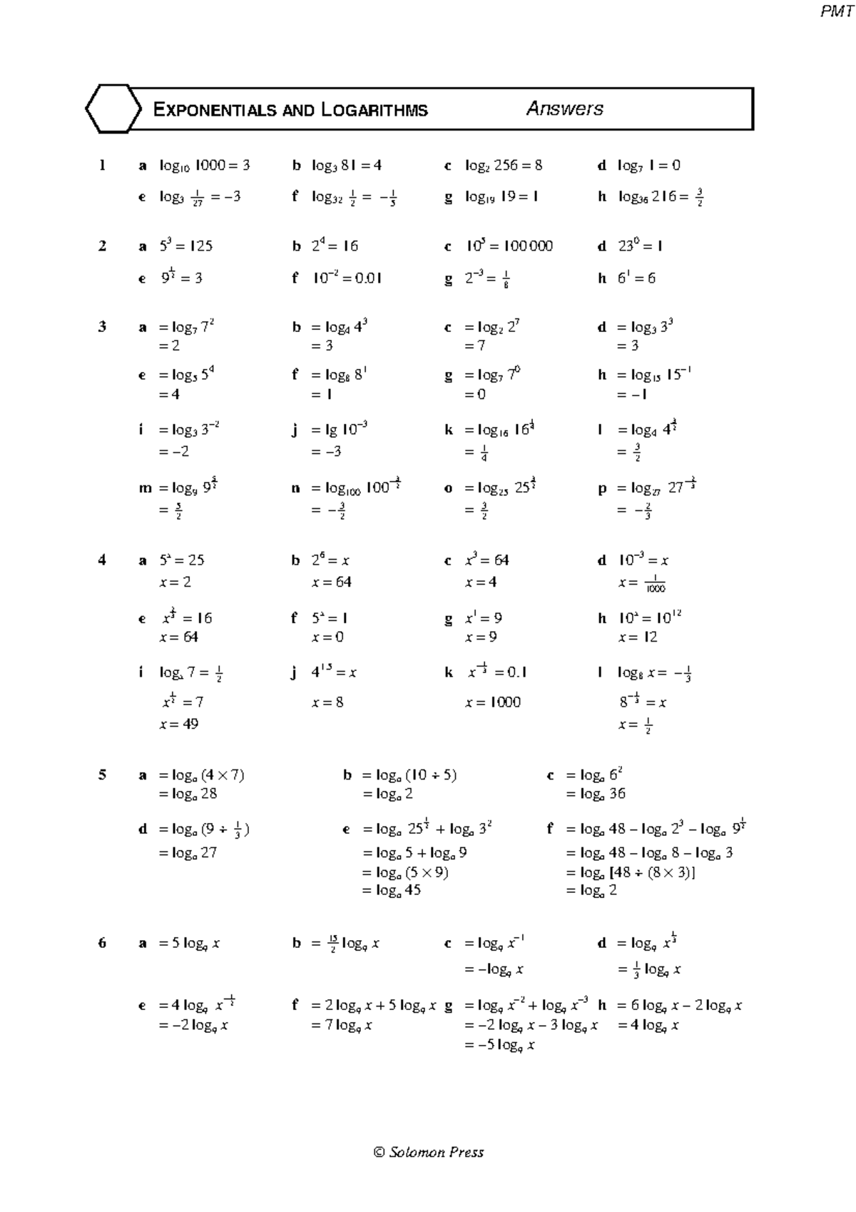 PMT Answers: Laws of Logarithms and Exponentials - Studocu