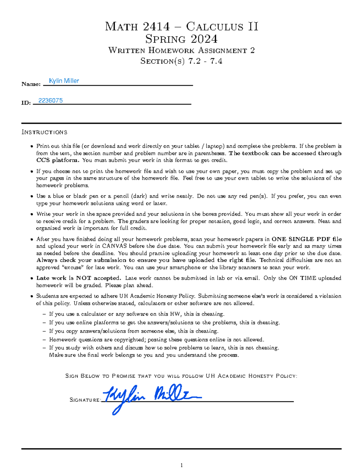 Math 2414 – Calculus II Written Homework Assignment 2 (Spring 2024 ...