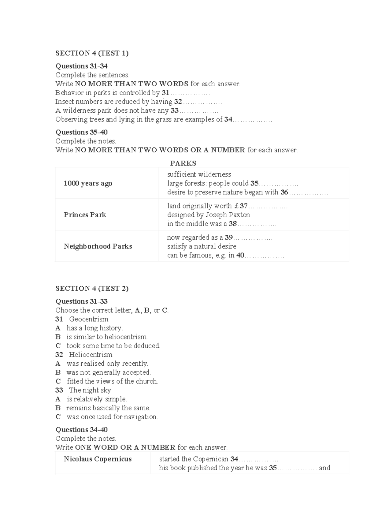 Listening Section 4 IELTS: Test 1 & Test 2 Questions and Answers - Studocu