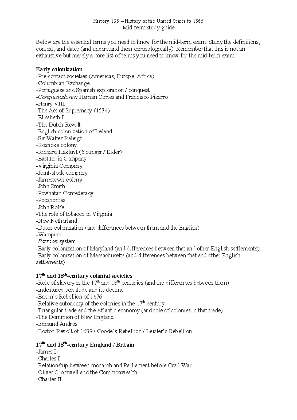 History 135 Midterm Study Guide: Key Terms & Concepts to 1865 - Studocu