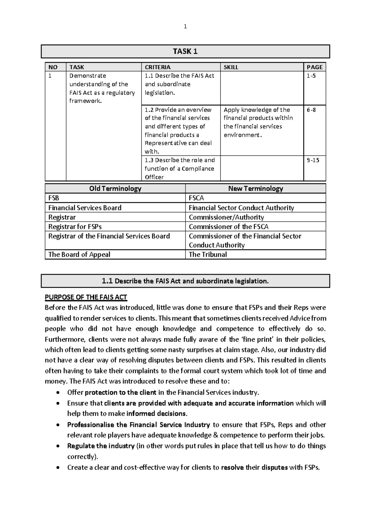 FAIS Act Overview and Compliance Responsibilities - TASK 1 - Studocu