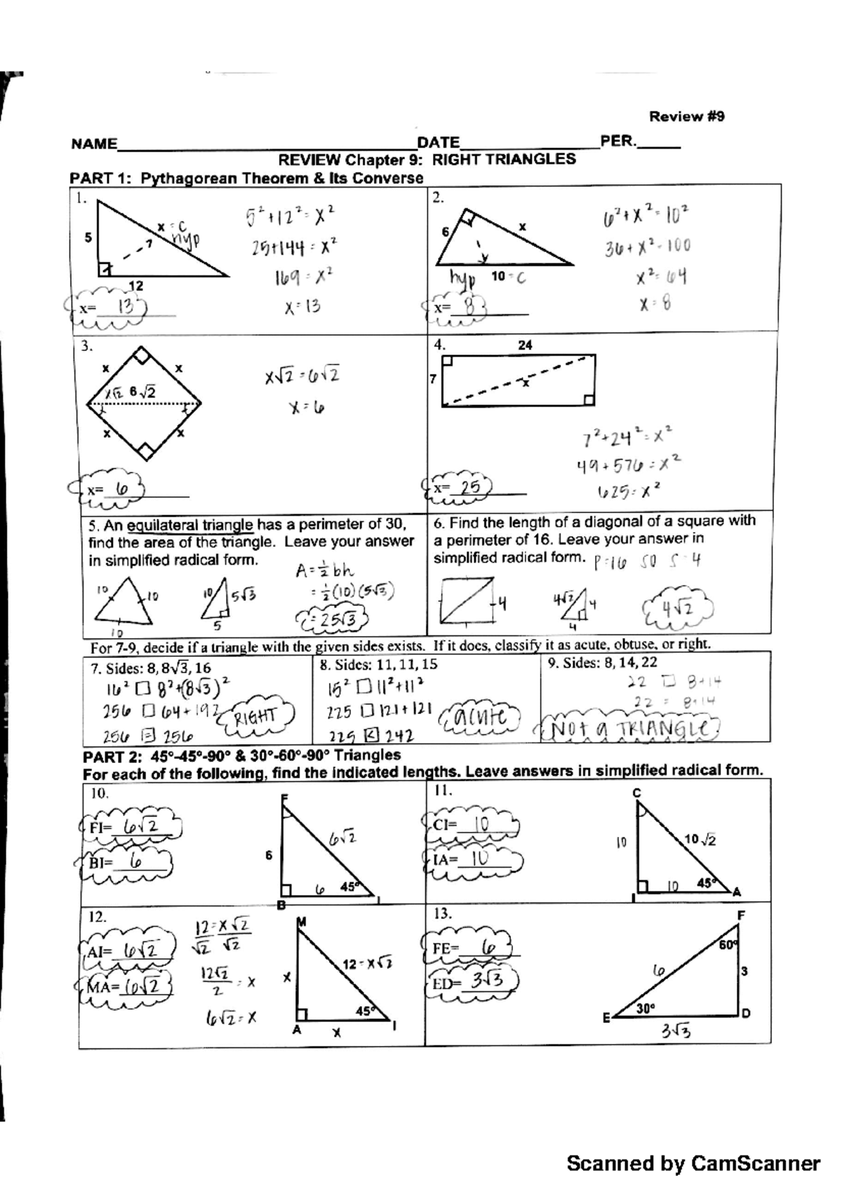 Ch 9 Review WS KEY: Right Triangles & Pythagorean Theorem - Studocu
