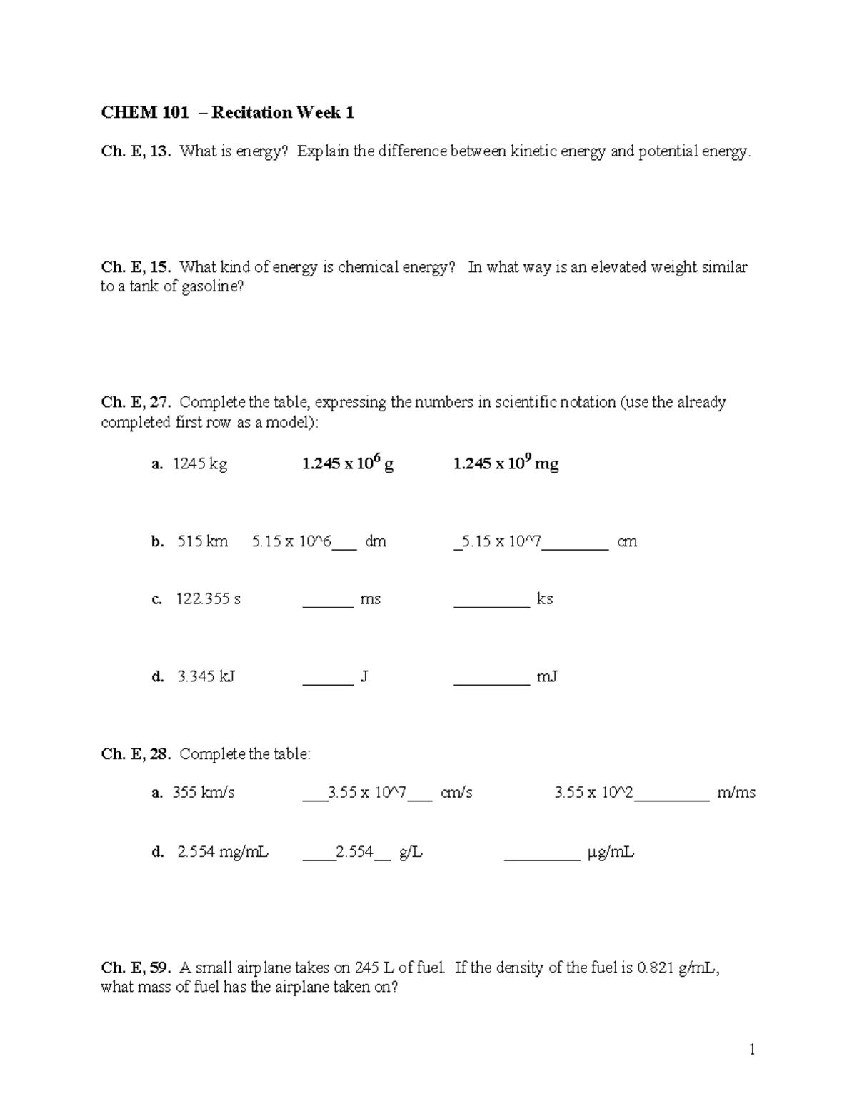 CHEM 101 Exam 2 Review sheets - 1 CHEM 101 Exam 2 Material coverage: Ch ...