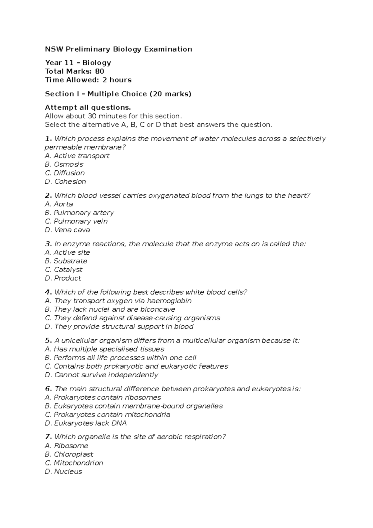 NSW Preliminary Biology Year 11 Exam Practice Questions & Solutions ...
