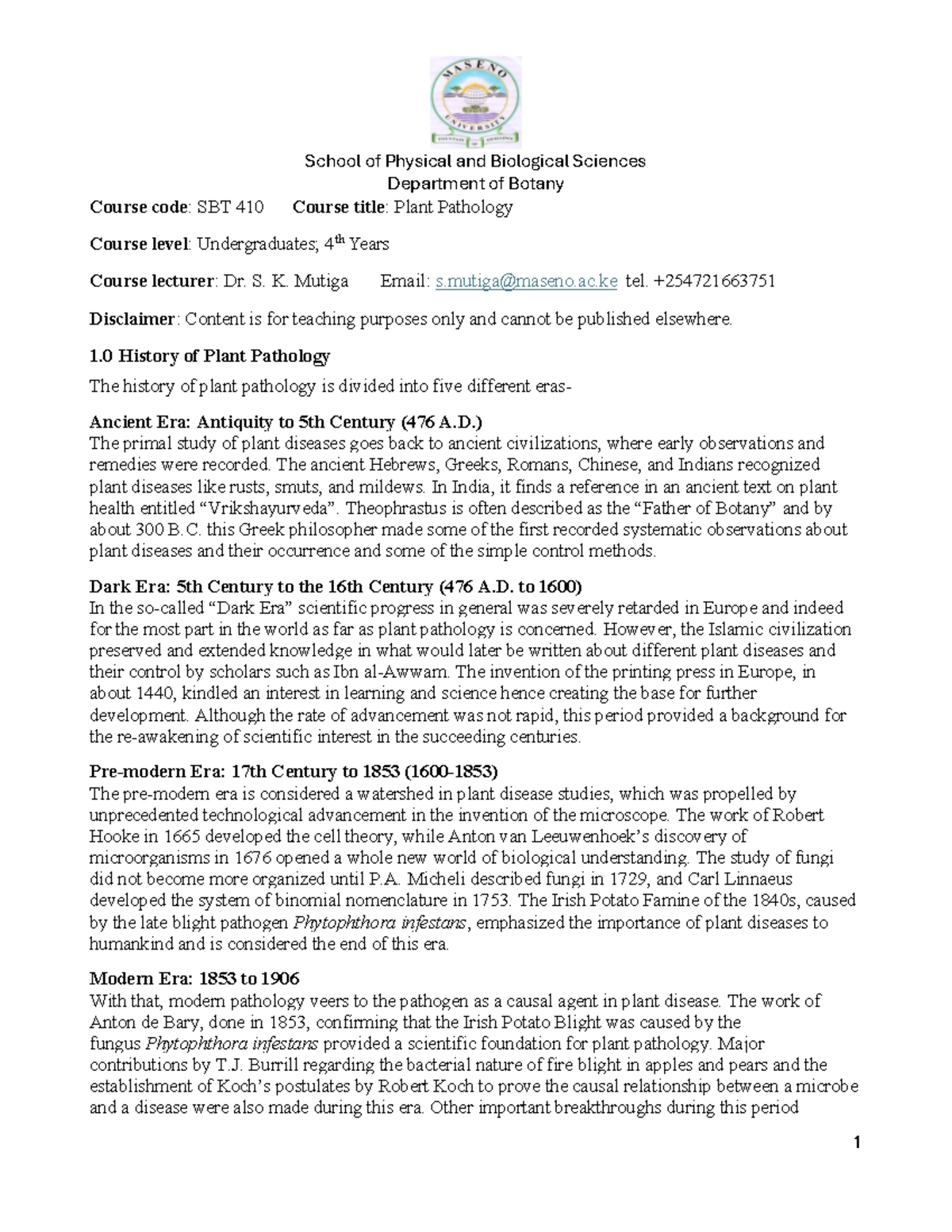 SBT 410 Plant Pathology Lecture Notes: Historical Perspectives and ...