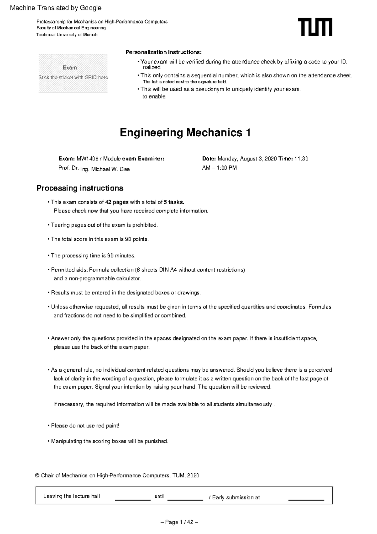 Engineering Mechanics 1 Exam (EM1 SS20) - TUM August 2020 - Studocu