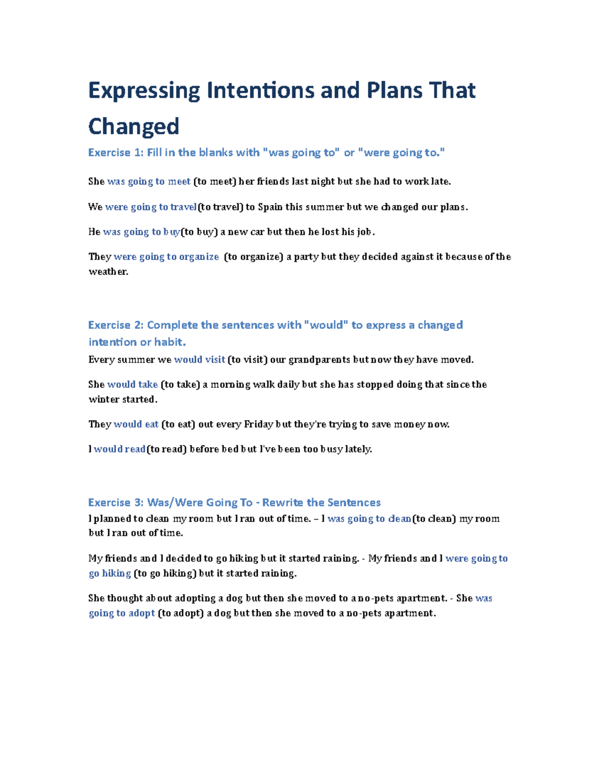 Anh 1 - Bài tập: Plans and Intentions Exercise Notes - Studocu
