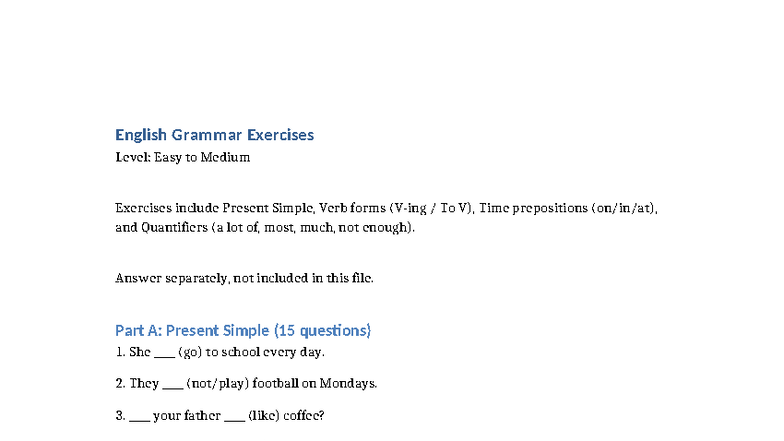 English Exercises - qưqsffág - English Grammar Exercises Level: Easy to ...