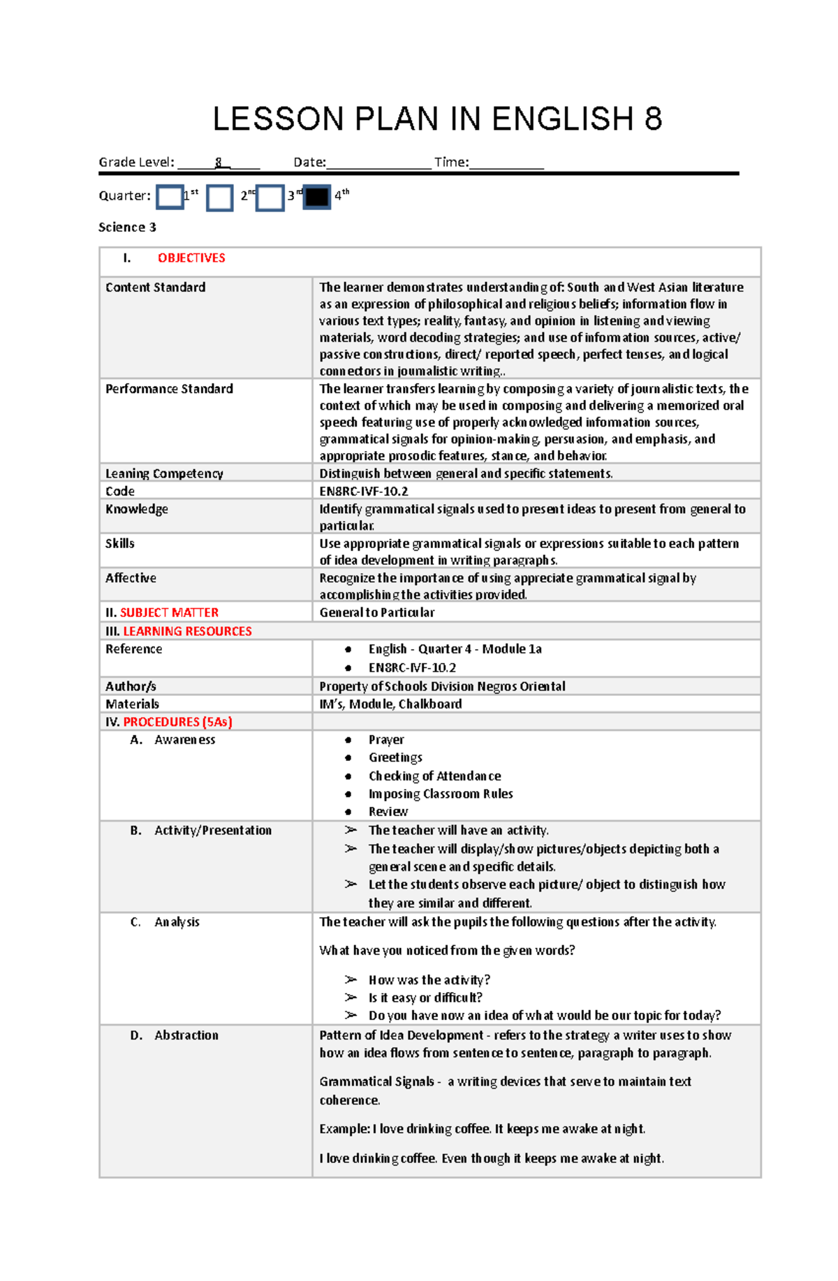 DAY 1 LP English 8 Bucalan - LESSON PLAN IN ENGLISH 8 Grade Level: 8 ...
