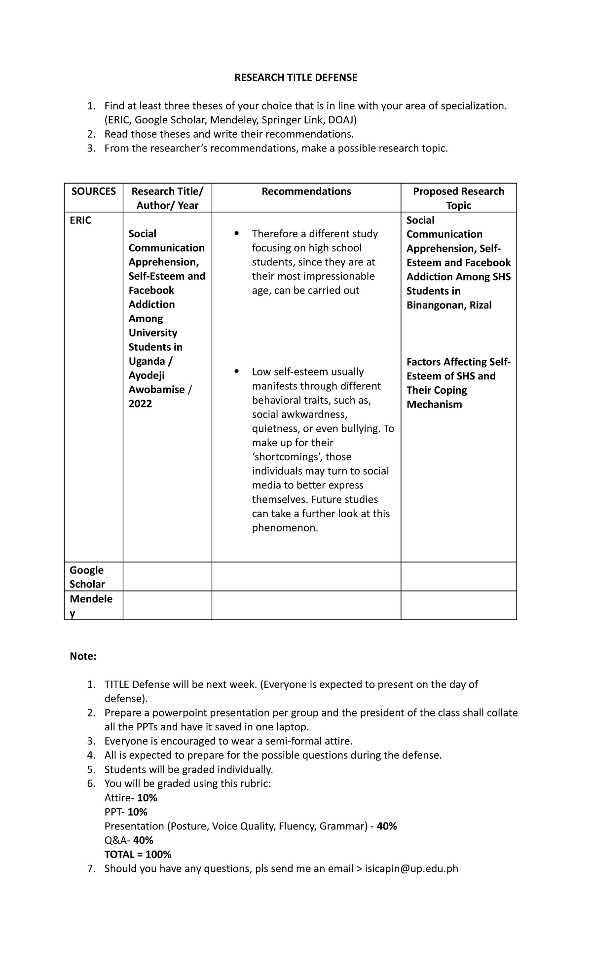 Research- Title- Defense - RESEARCH TITLE DEFENSE Find at least three ...