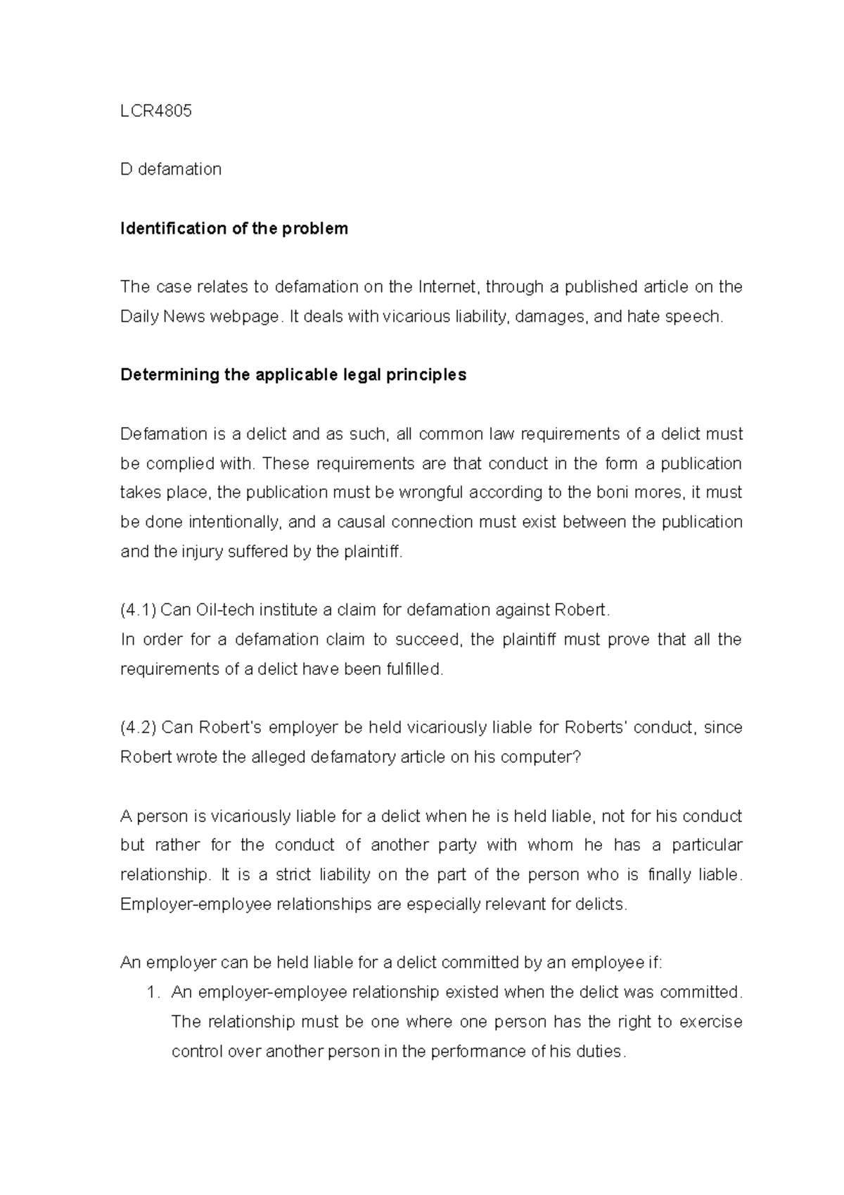 LCR4805 Assignment 2 Q4 - Defamation and Vicarious Liability Analysis ...