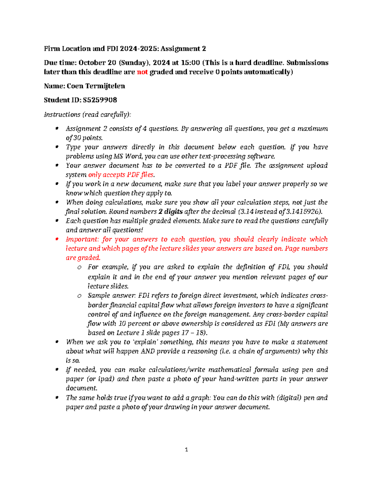 Assignment 2: Firm Location & FDI Analysis (Due Oct 20, 2024) - Studeersnel