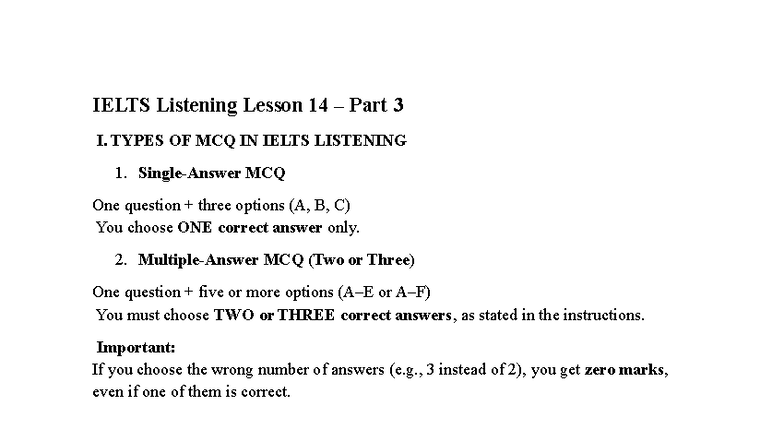 IELTS Listening Lesson 14 Part 3: MCQ Strategies and Tips - Studocu