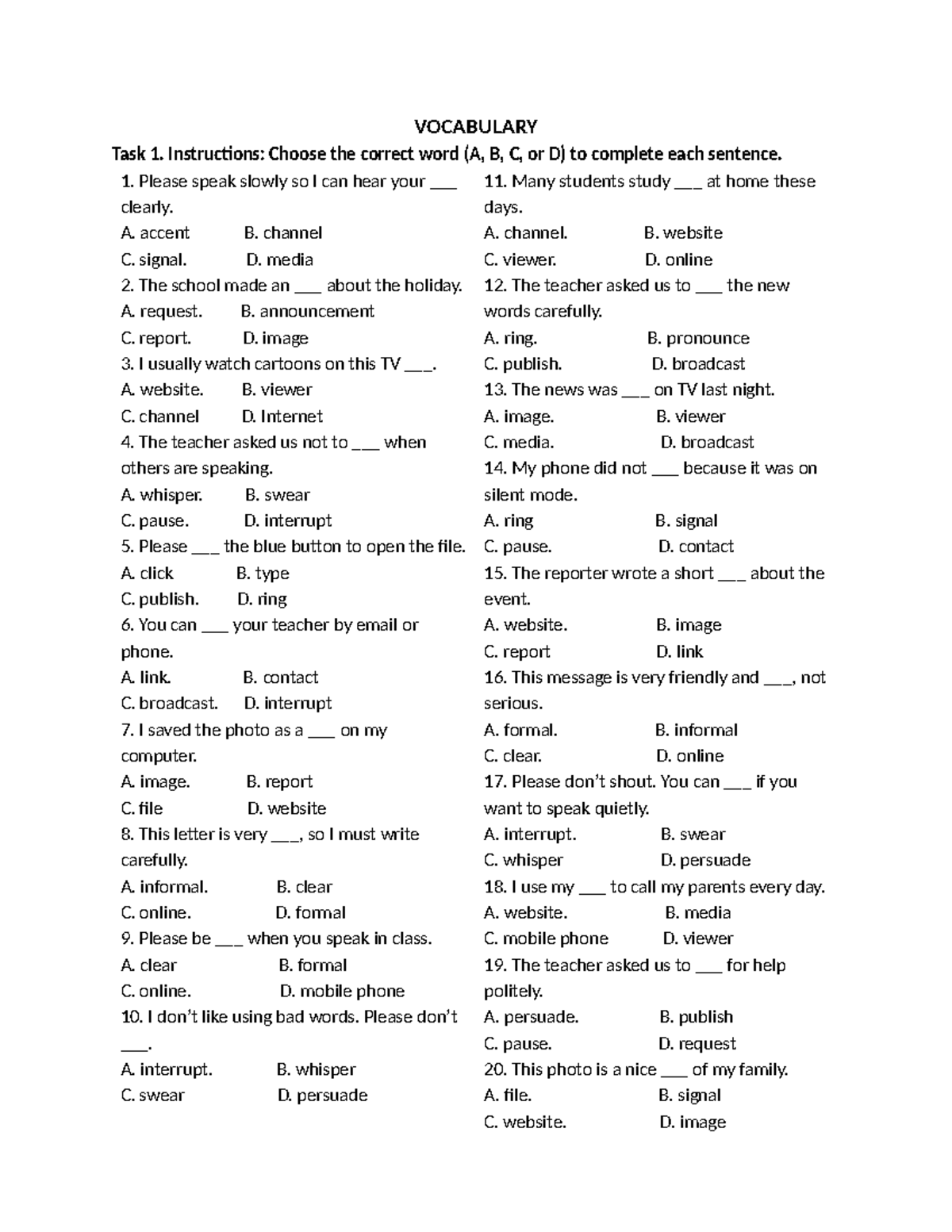 B1 Vocabulary 7 Extra Practice 1: Word Completion Tasks - Studocu