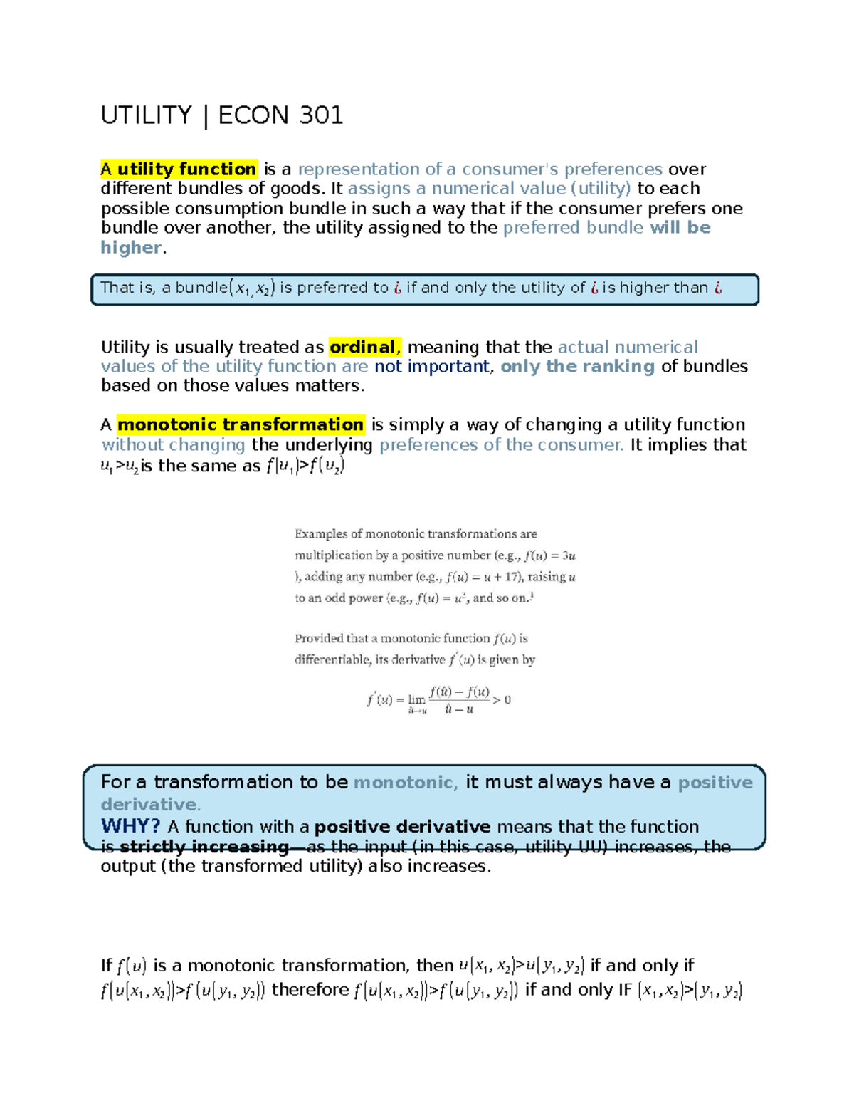 ECON 301 - Chapter 4: Utility Functions and Monotonic Transformations ...