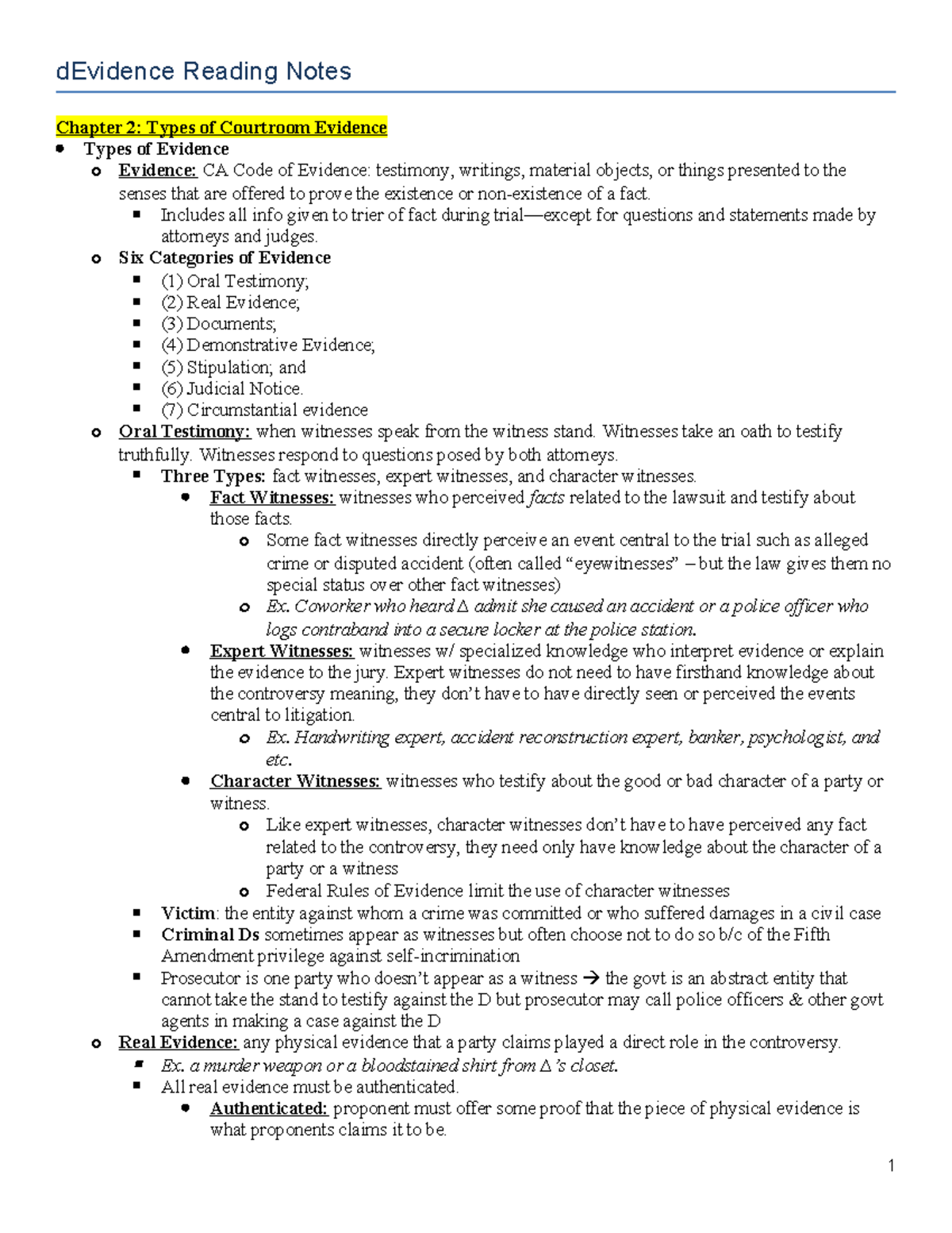 Evidence Outline for CA Evidence Course: Key Concepts and Types - Studocu