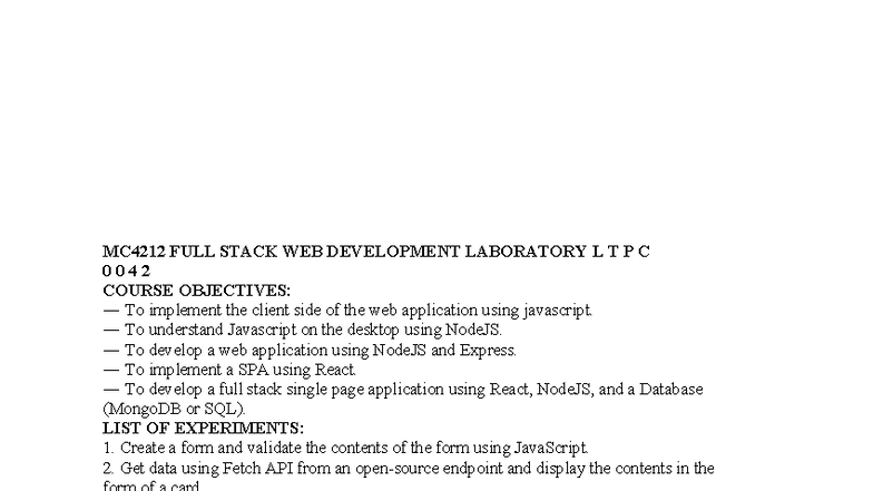MC4212 Full Stack Web Development Lab: Experiments & Objectives - Studocu