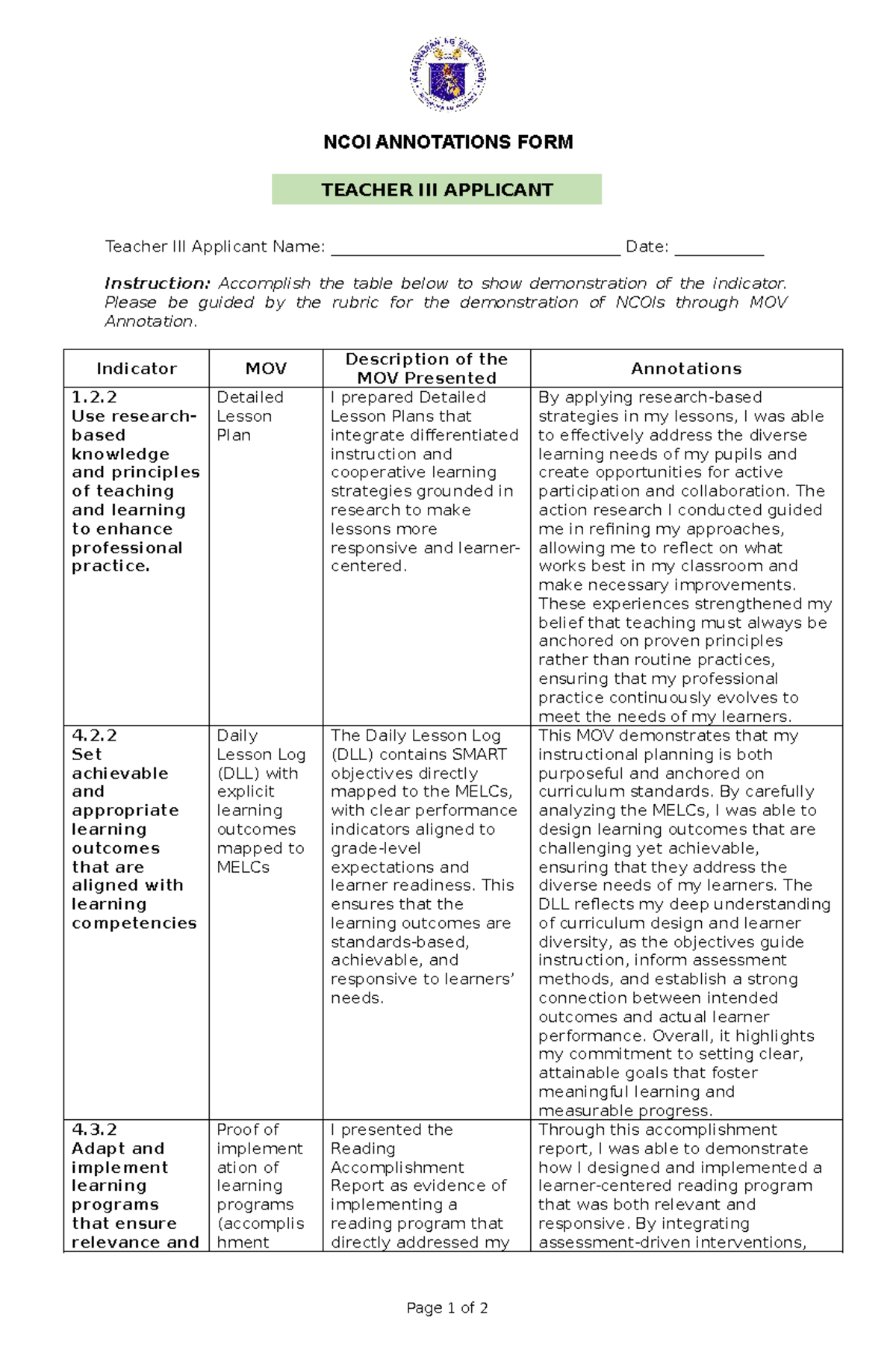 NCOI Annotations Form for Teacher III Applicant: Evidence of ...