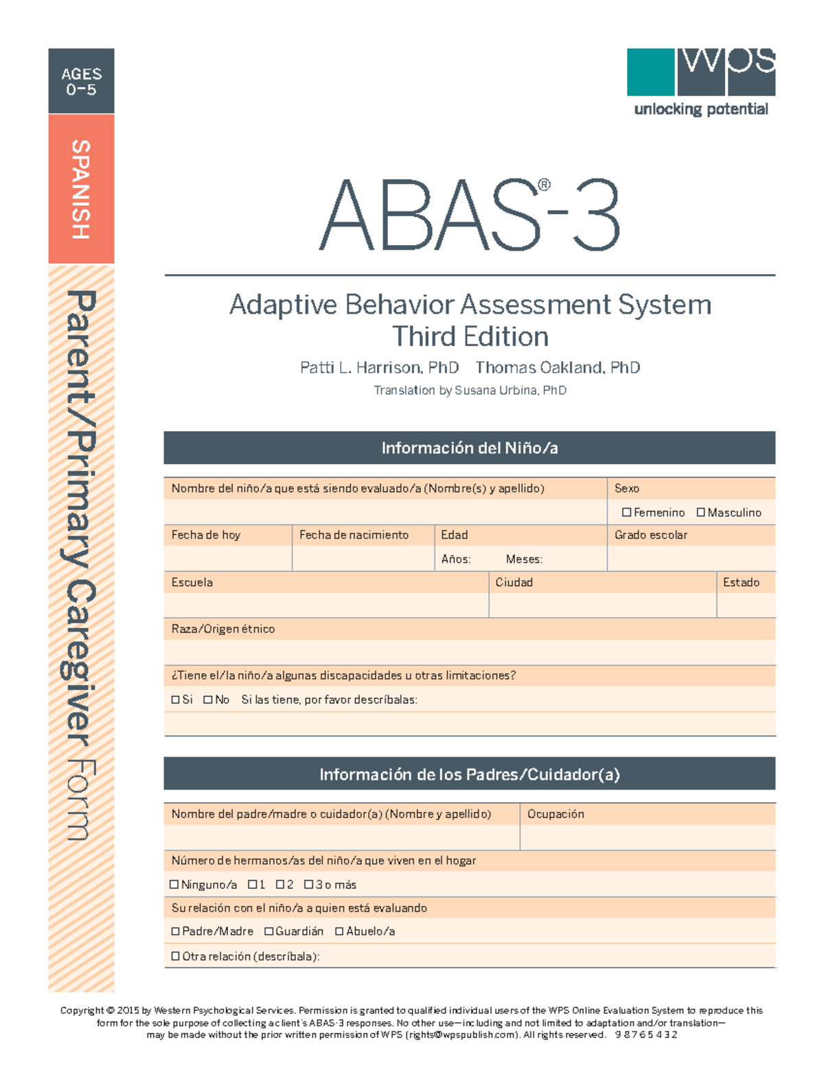 ABAS-3 Responses Sheet for Parent/Caregiver (Ages 0-5) - Studocu
