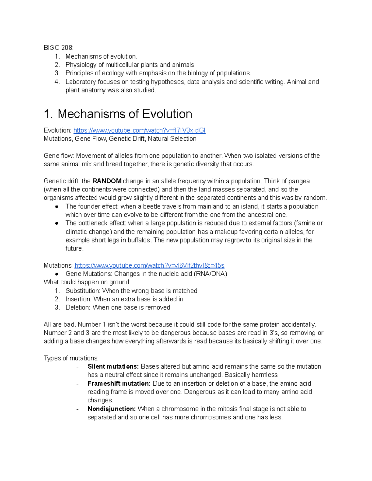 Exam 1 - Mechanisms of evolution - BISC 208: Mechanisms of evolution ...