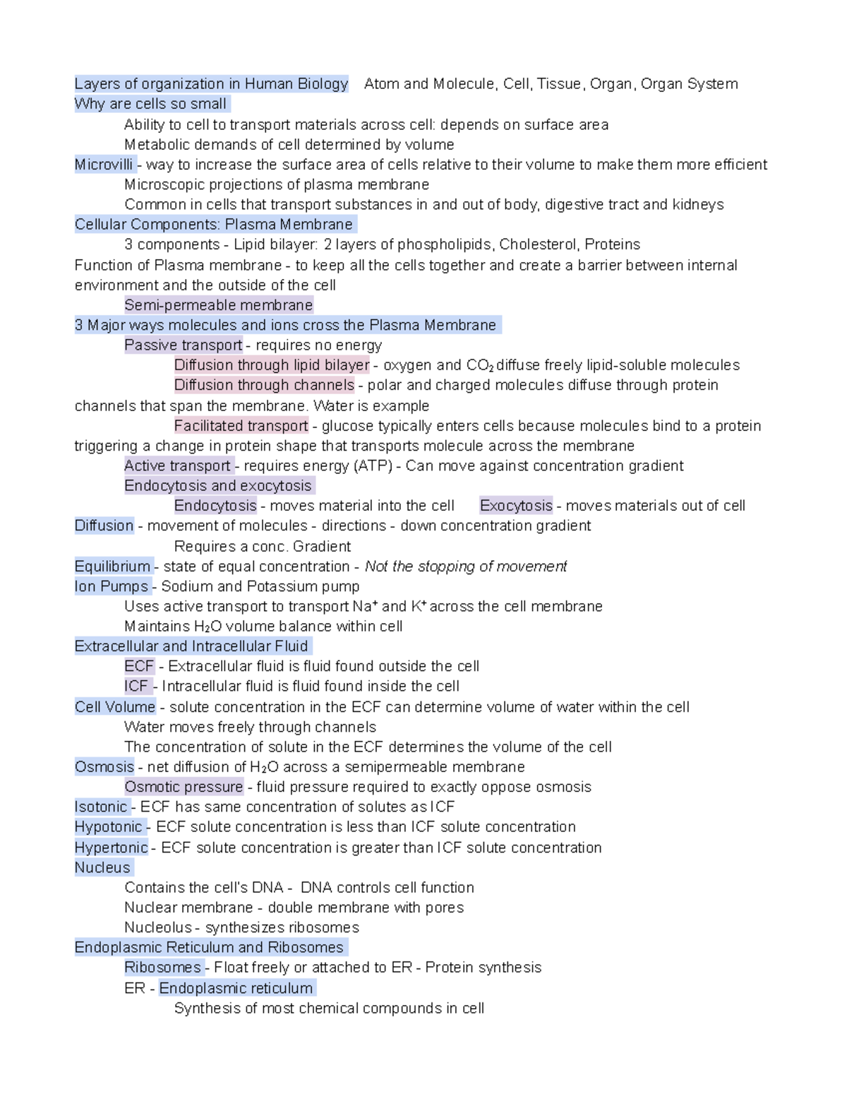 Human Biology Chapter 3: Layers of Organization & Cell Function - Studocu