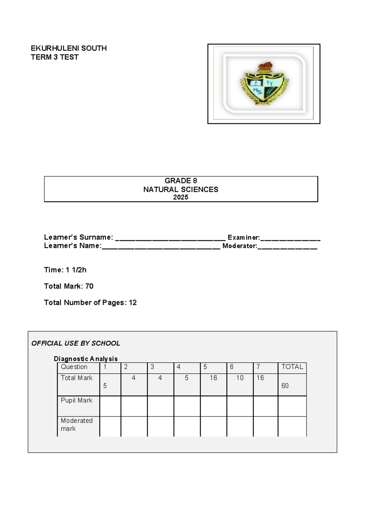 EKURHULENI GRADE 8 TERM 3 NATURAL SCIENCES TEST 2025 - Studocu