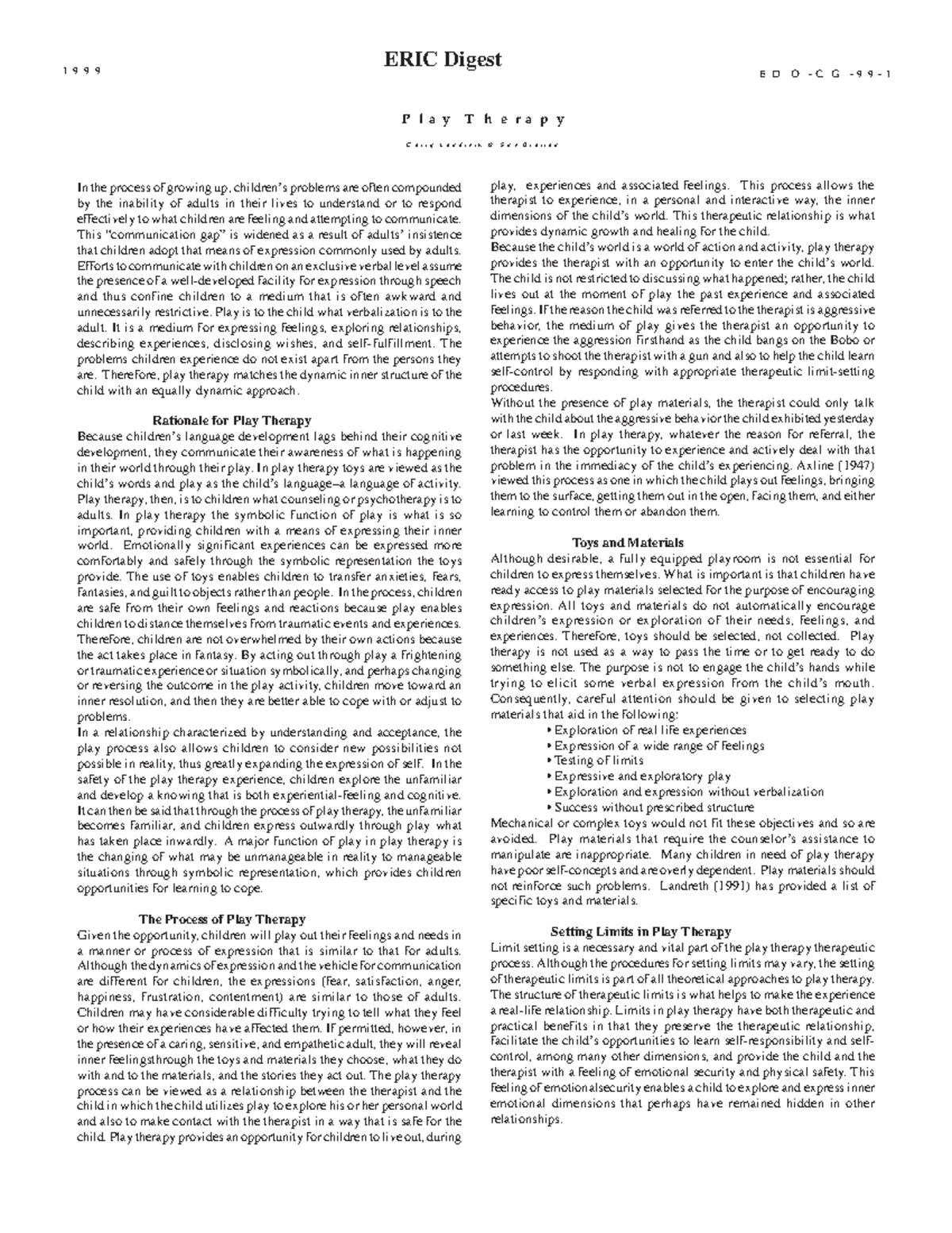 ERIC Digest: Play Therapy Insights by Landreth & Bratton (99-01) - Studocu