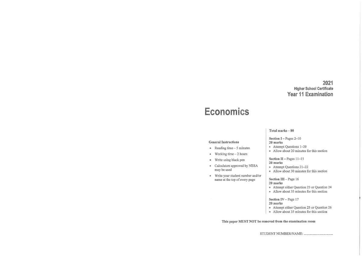 HSC Year 11 Economics Exam 2021 - Total Marks 80 - Studocu