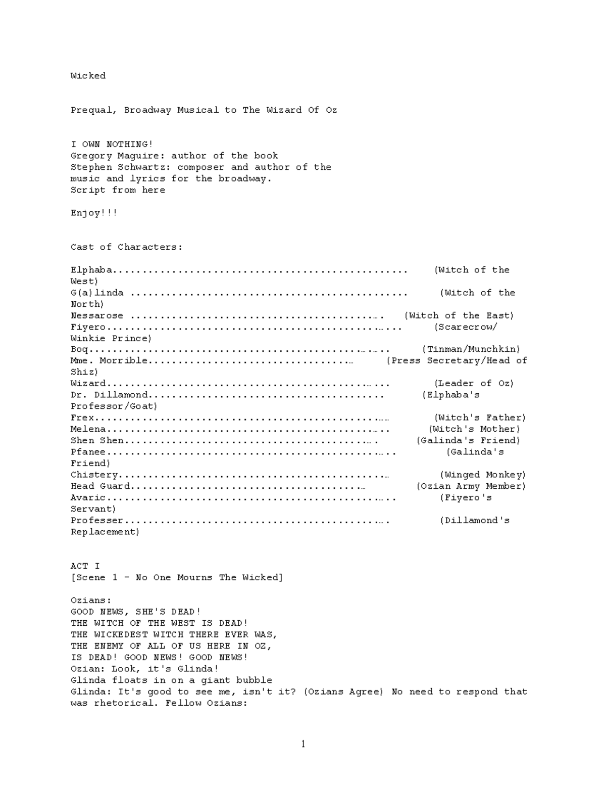 Wicked - Broadway Musical 11(Oz) Full Play Script - Wicked Prequal ...