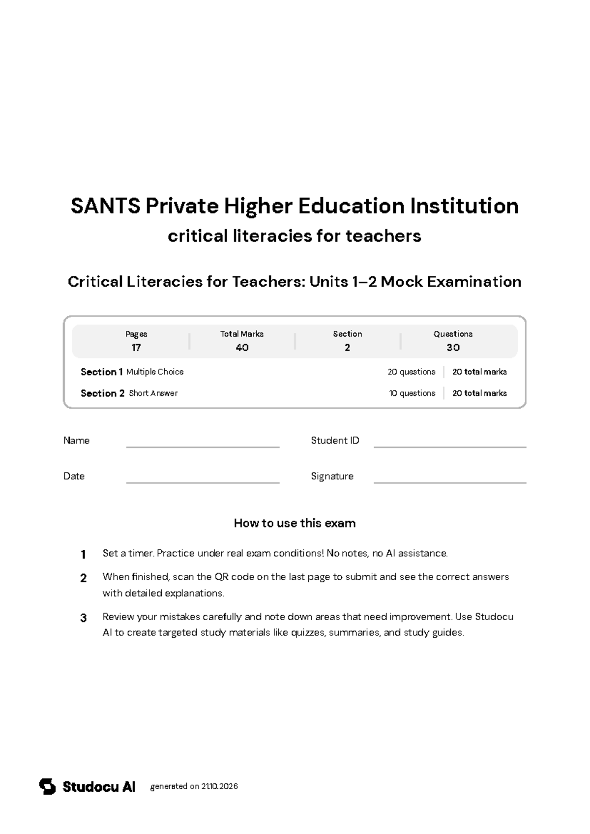 Critical Literacies for Teachers: Units 1-2 Mock Exam - Studocu