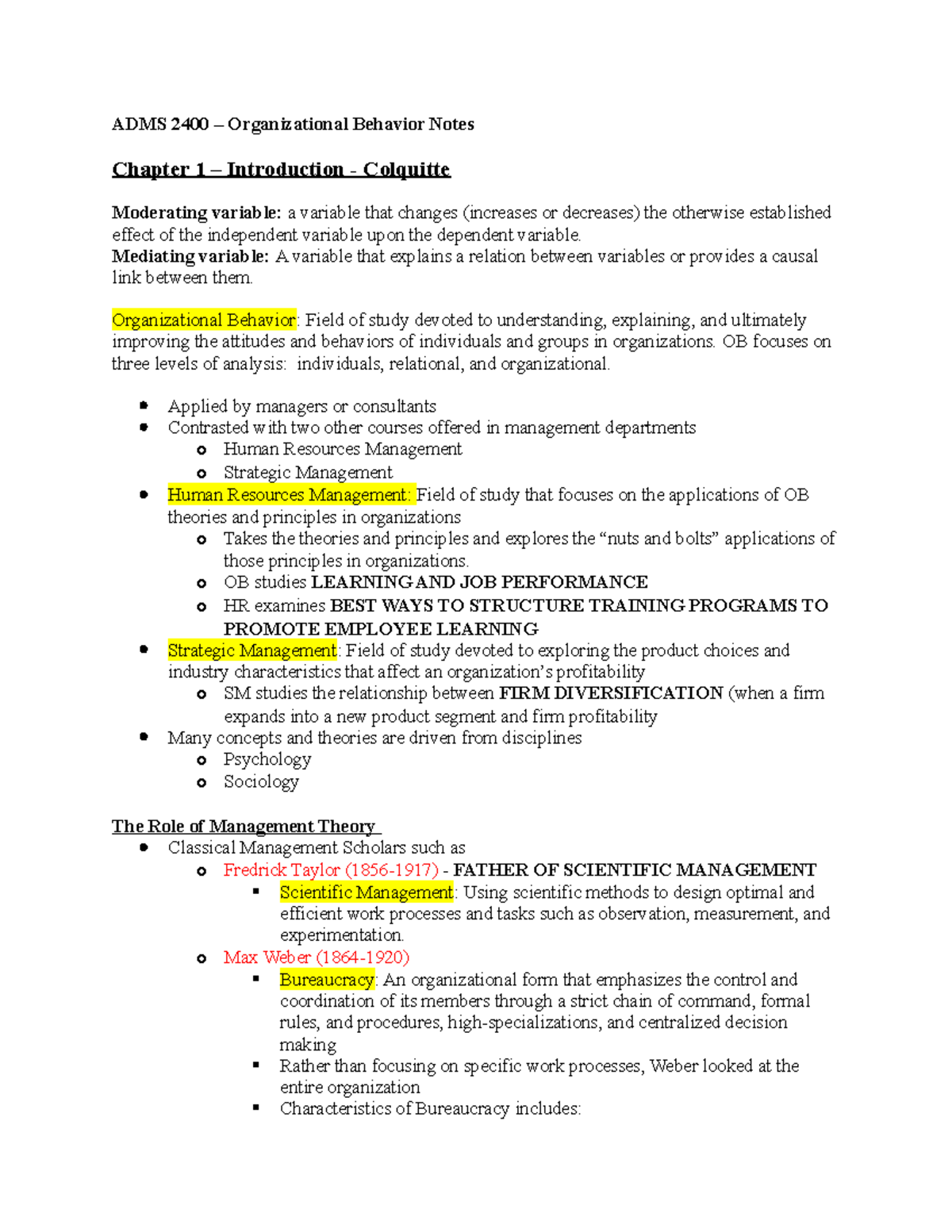 ADMS 2400 - ALL Notes - ADMS 2400 – Organizational Behavior Notes ...