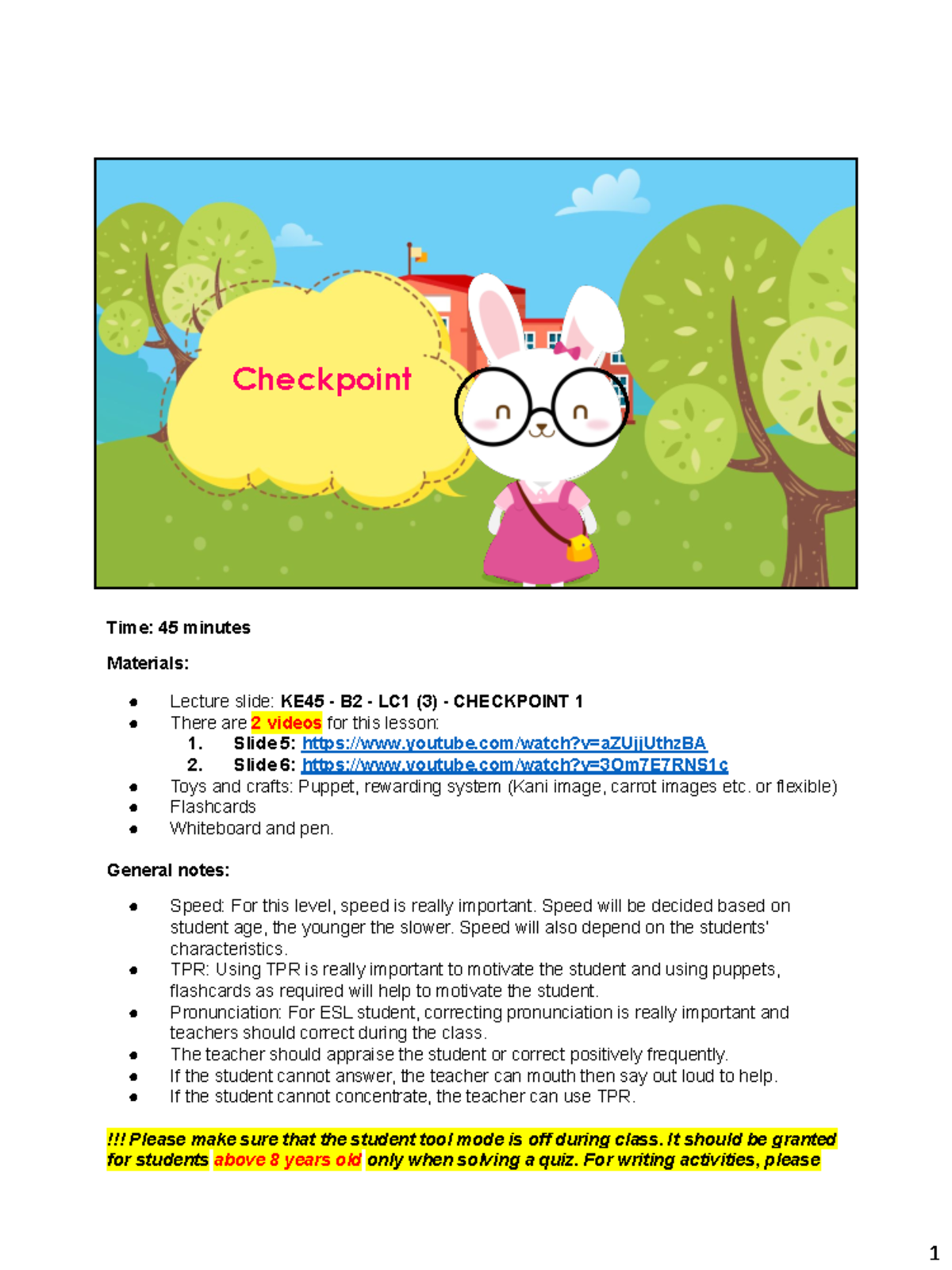KE45 - B2 - LC1 (3) - Checkpoint Lesson Plan and Materials Guide - Studocu
