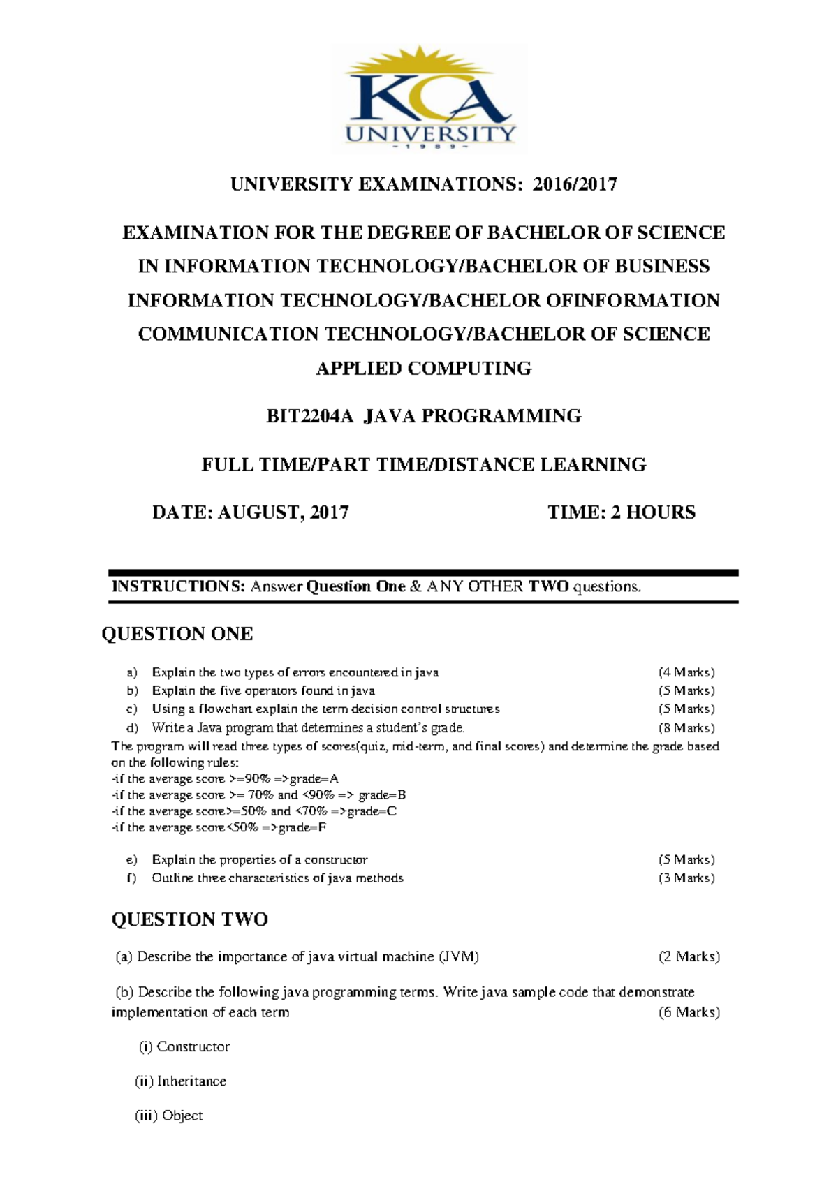Java PP 2 - java programming questions - UNIVERSITY EXAMINATIONS: 2016 ...