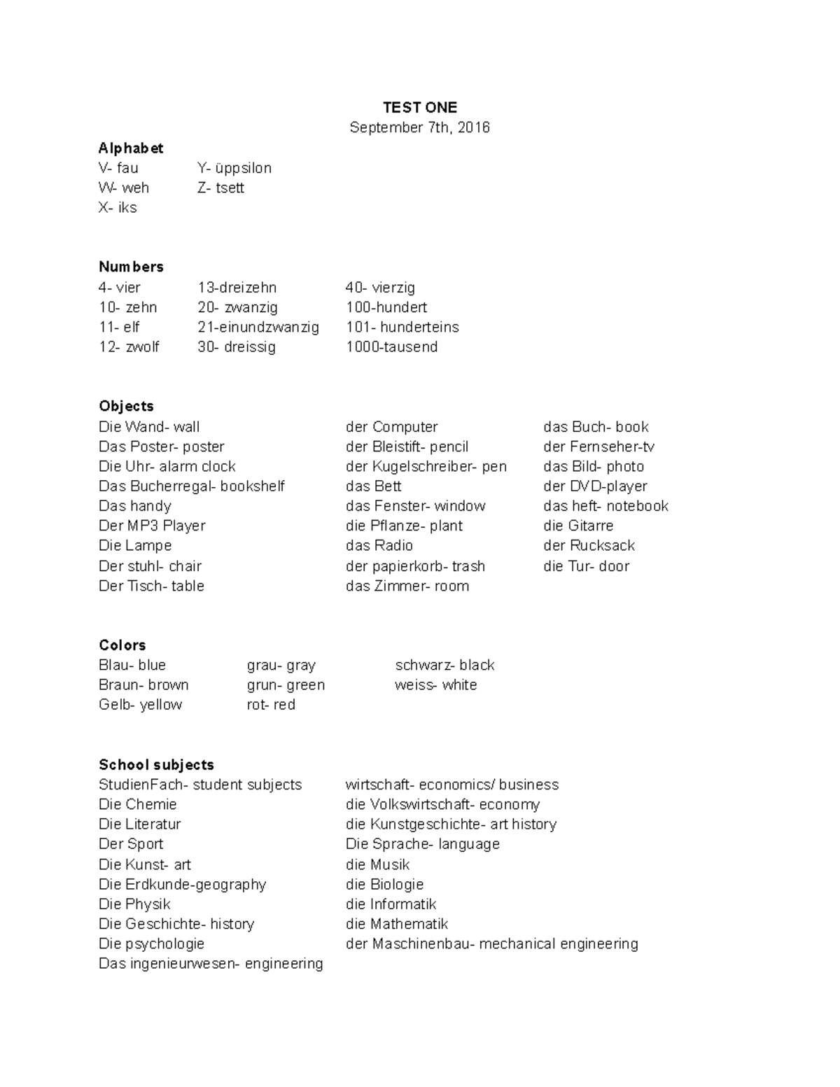 Elementary German Test 1 Review - TEST ONE September 7th, 2016 Alphabet ...