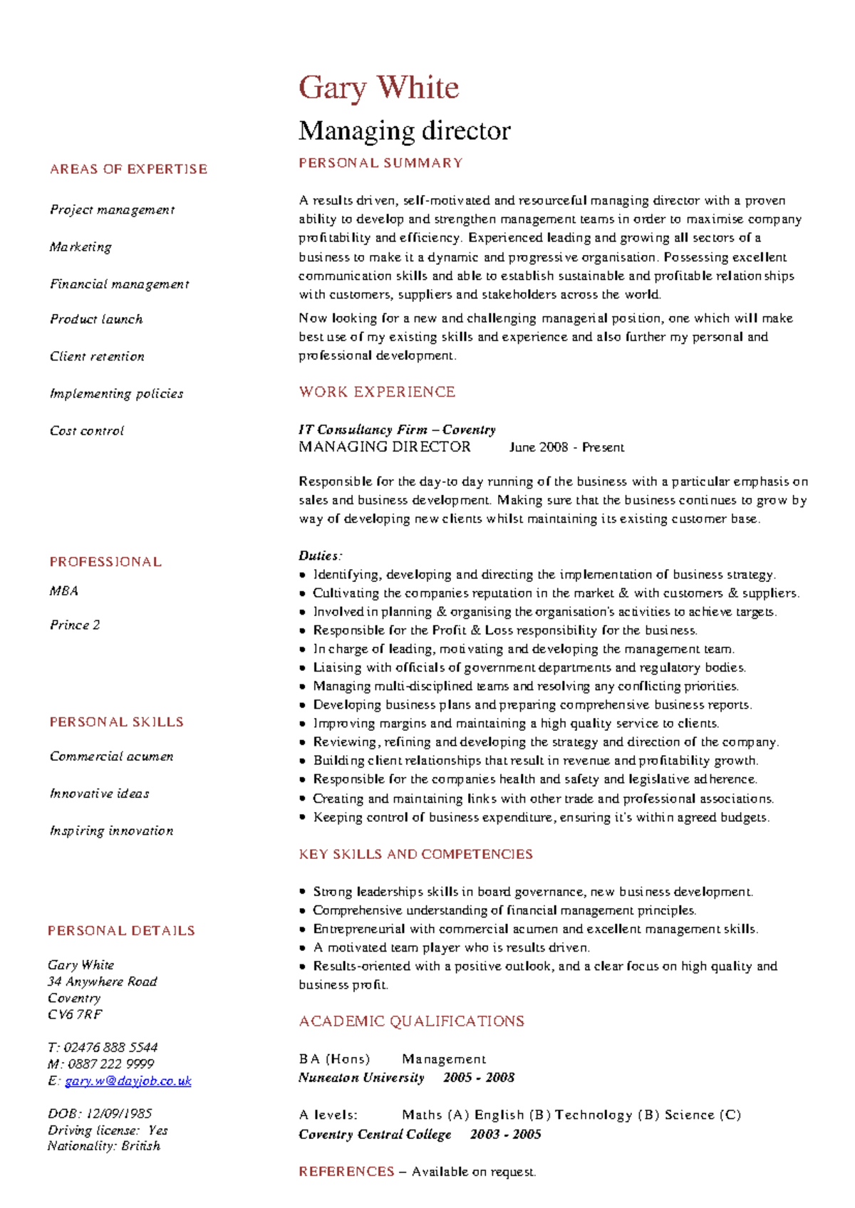 Managing Director CV Template - Professional Profile Example - Studocu