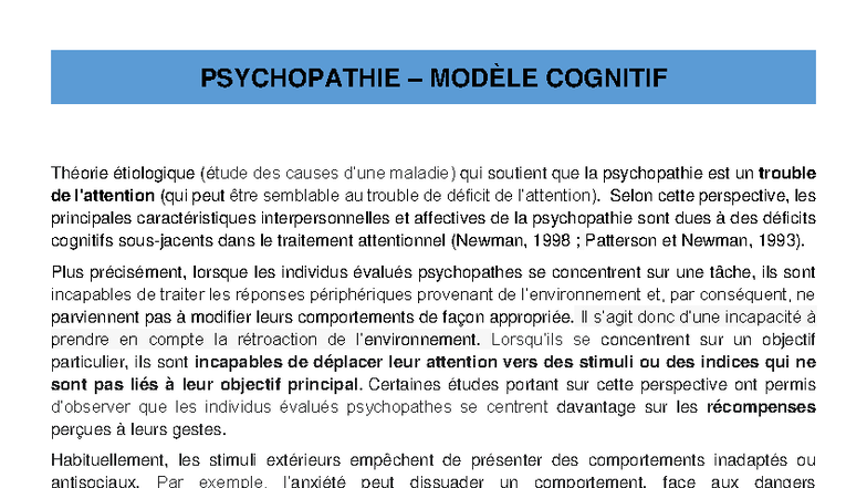 PSYCH 101 - Modèle Cognitif de la Psychopathie: Étude des Causes - Studocu