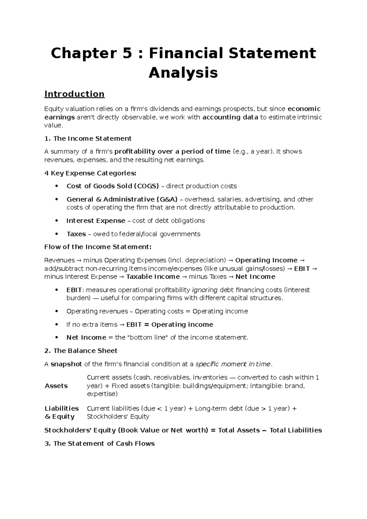 Chapter 5 FSA: Summary of Financial Statement Analysis Techniques - Studocu