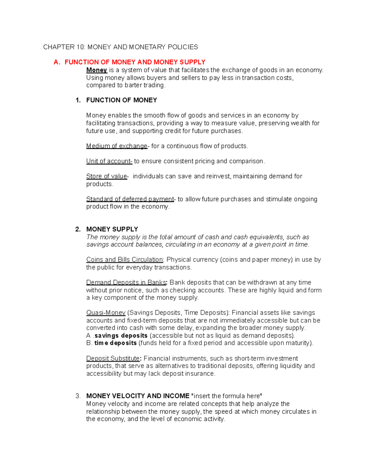 Money and Monetary policies - CHAPTER 10: MONEY AND MONETARY POLICIES A ...