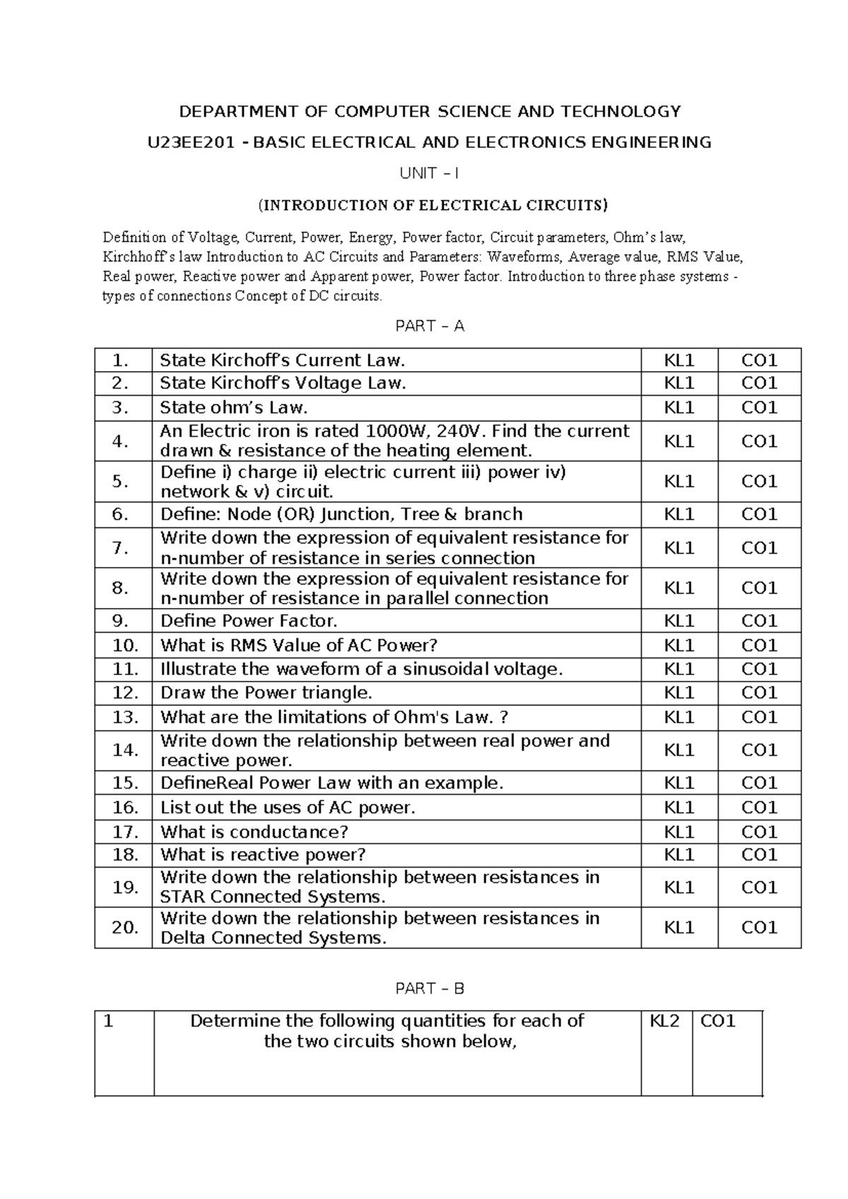 U23EE201 Basic Electrical & Electronics Engg Unit I Quiz Questions ...