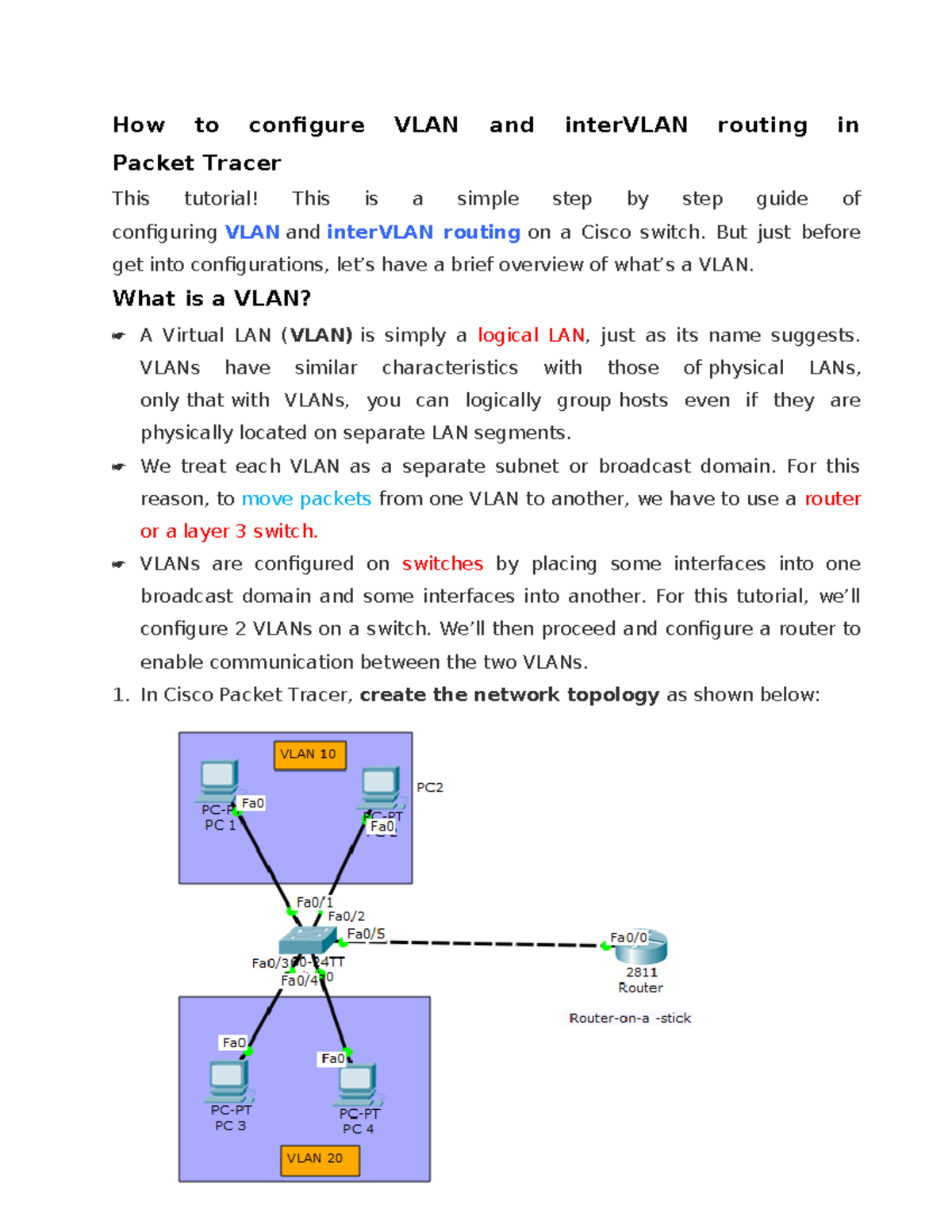 Configuring VLANs & Inter-VLAN Routing in Packet Tracer Tutorial - Studocu