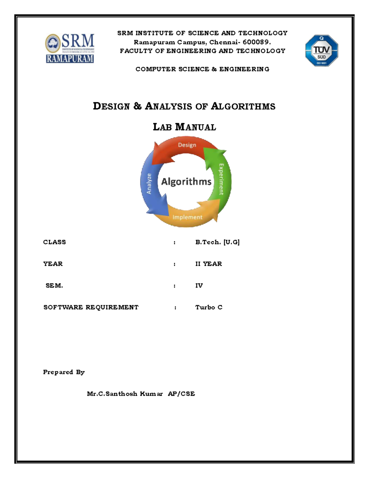 21CSC204J DAA Lab Manual: C Programs for Sorting & Searching Algorithms ...
