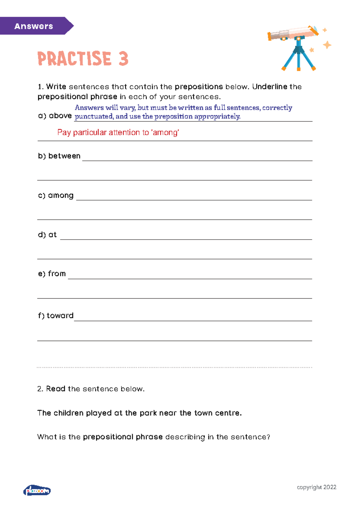 Prepositions - Practise 3 - Answers - copyright 2022 Answers 1. Write ...