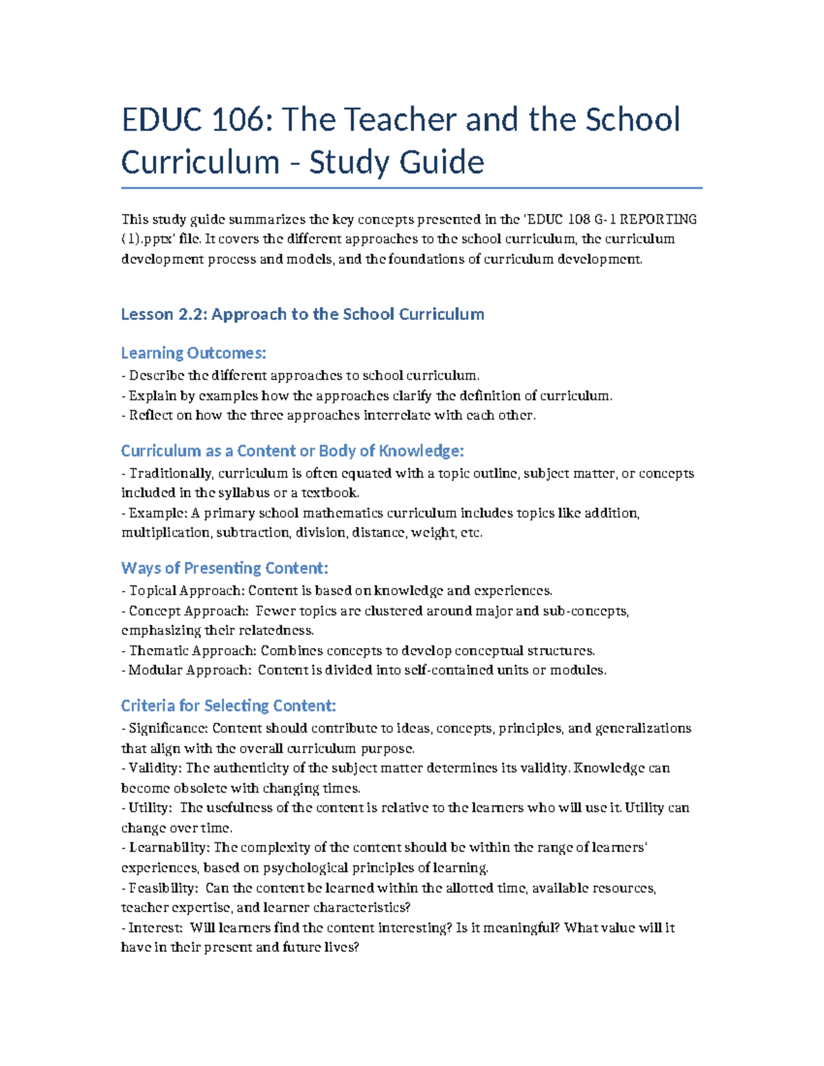 EDUC 106 Study Guide - Curriculum Approaches and Development - Studocu