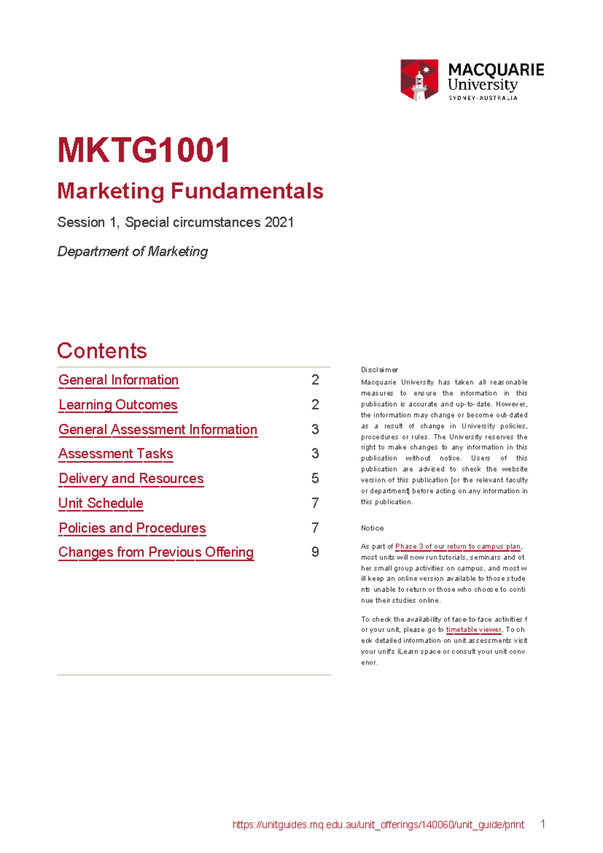 Unit Guide MKTG1001 2021 - MKTG Marketing Fundamentals Session 1 ...