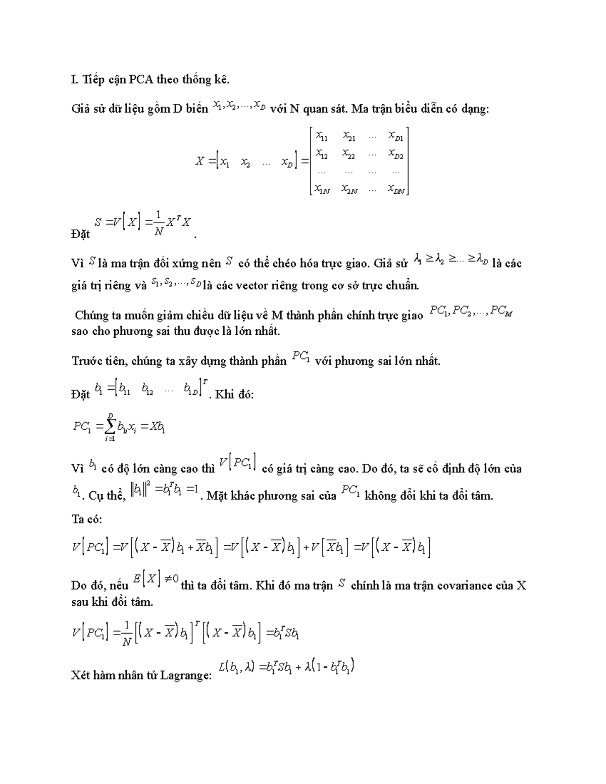 PCA - kkkkkkkkkkkkkk - I. Tiếp cận PCA theo thống kê. Giả sử dữ liệu ...