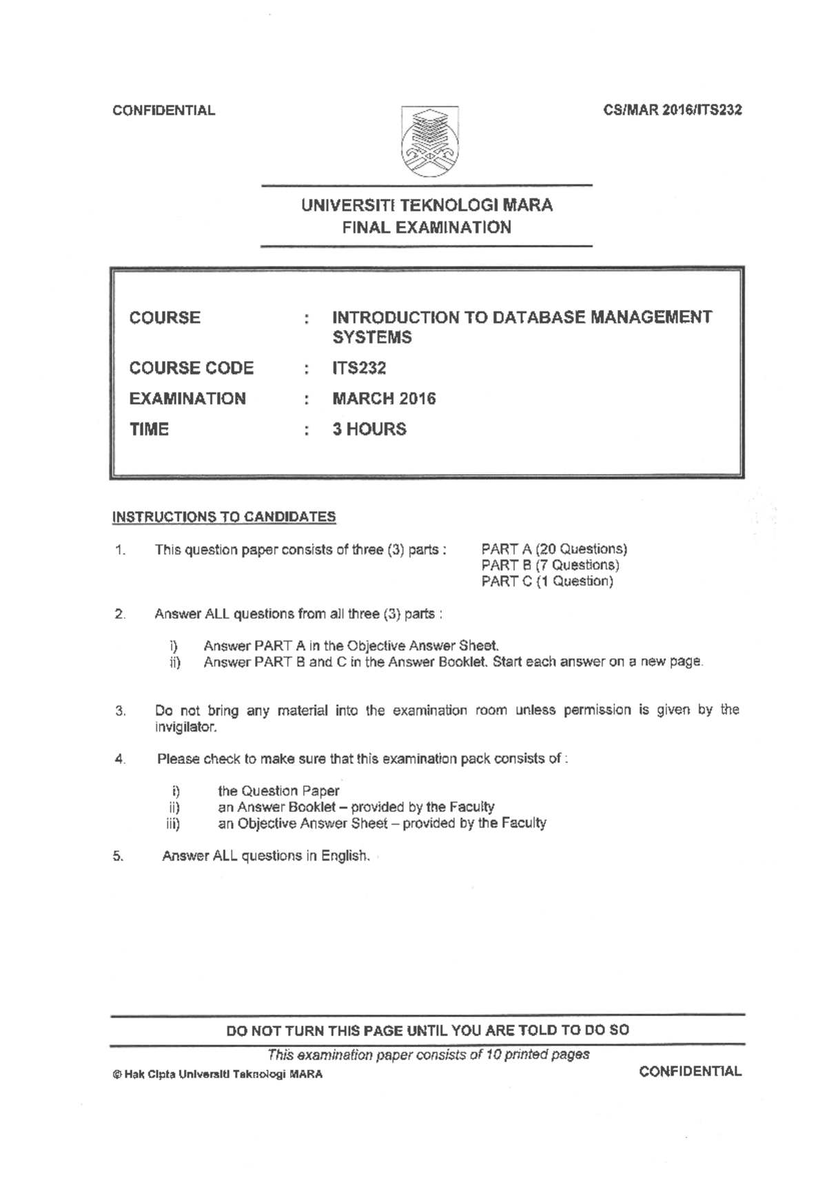 ITS232 March 2016 - Final Assessment - Introduction To Database - Studocu