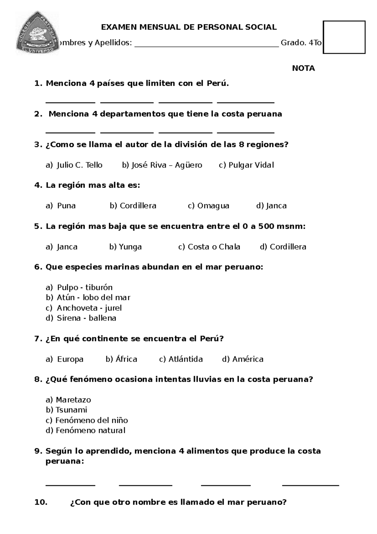 Examen Mensual de Personal Social - Preguntas y Respuestas - Studocu