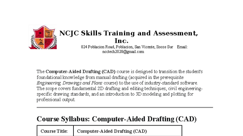 CAD 024 Drafting Course Syllabus: Transitioning to Software Skills ...